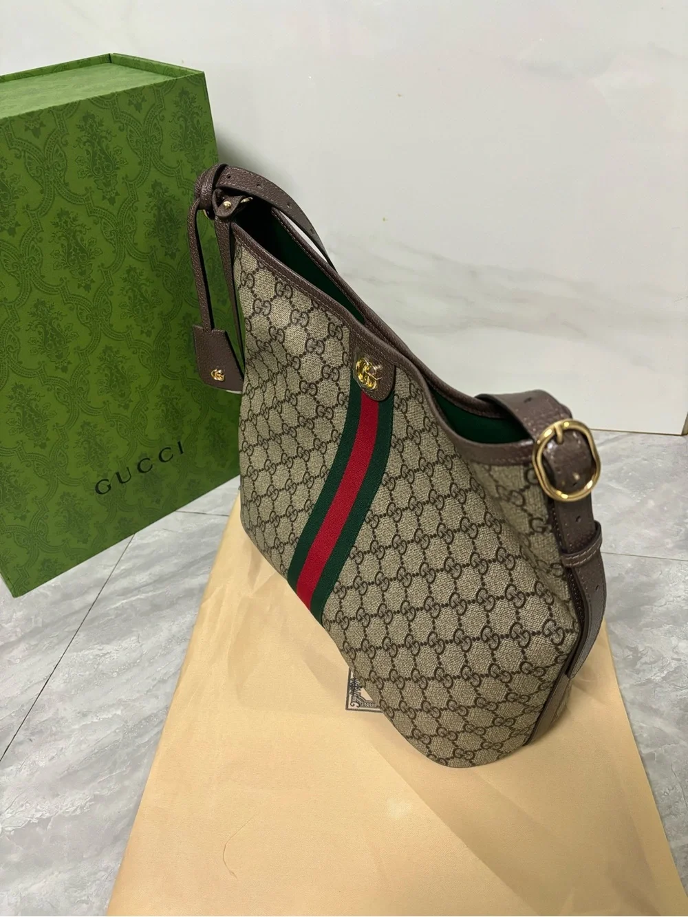 Brown Gucci GG Canvas Shoulder Bag with Green and Red Web